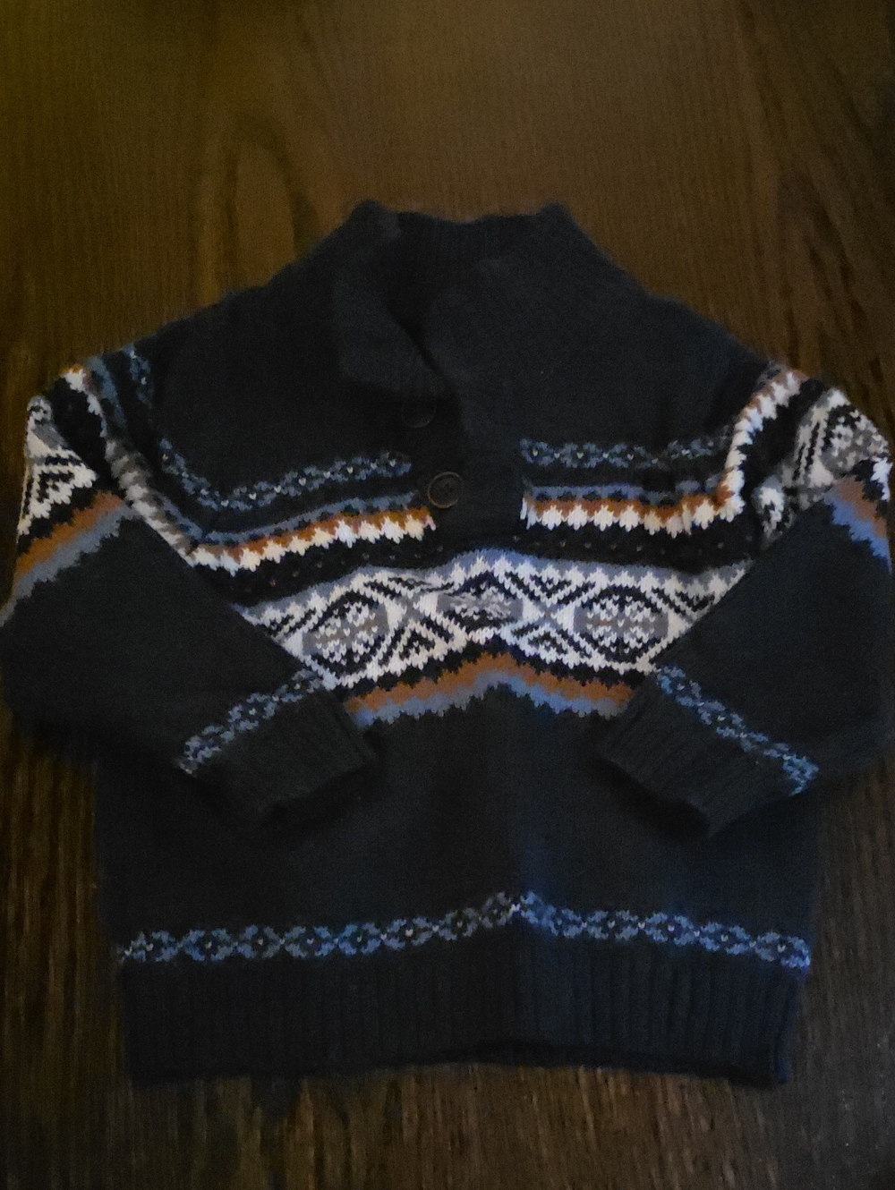Janie and Jack Dark Gray Fair Isle Knit Sweater with Blue & Cream Pattern